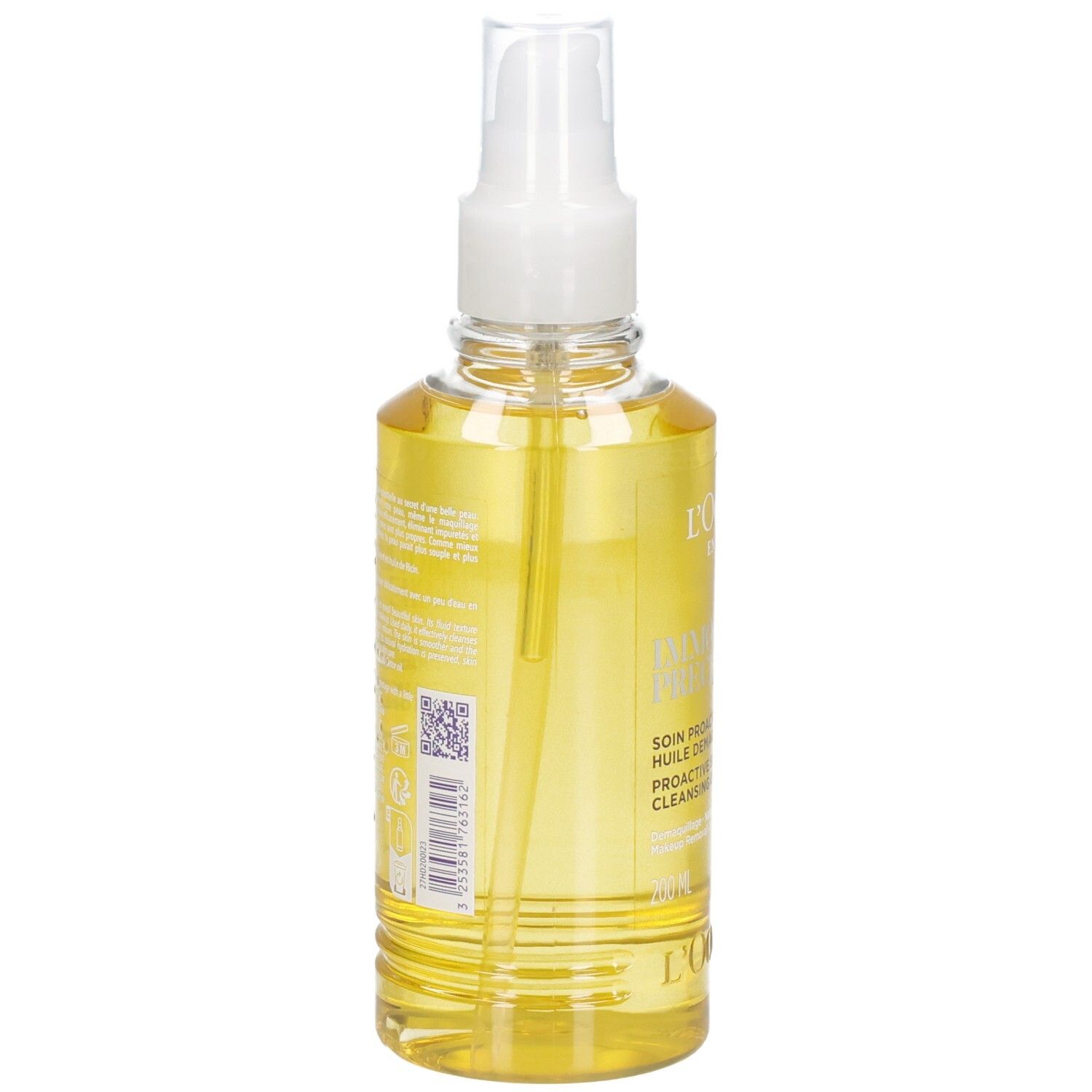 Arrière de l'huile démaquillante L'OCCITANE Immortelle dans un flacon pulvérisateur transparent avec une huile jaune.