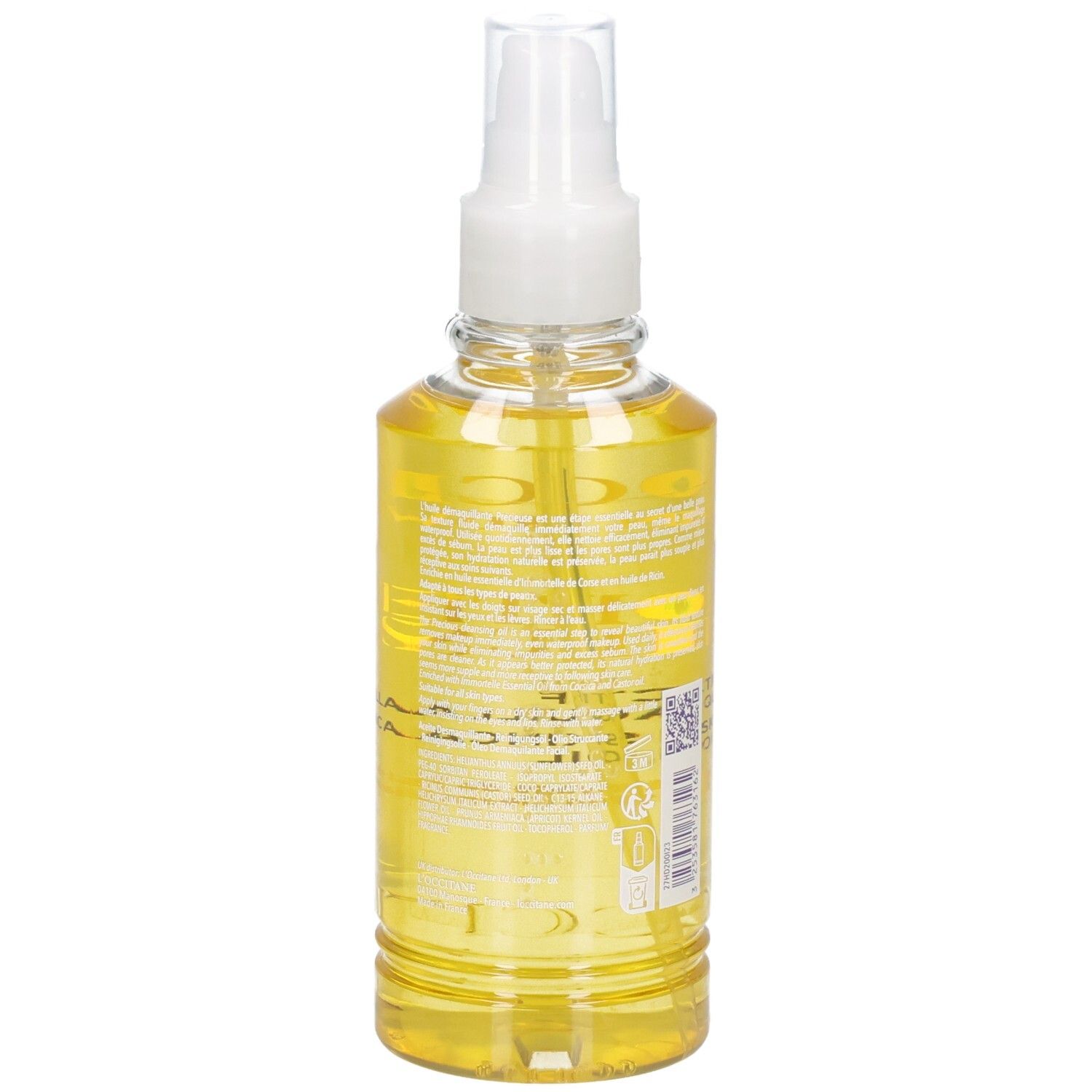 Arrière de l'huile démaquillante L'OCCITANE Immortelle dans un flacon pulvérisateur transparent avec une huile jaune.