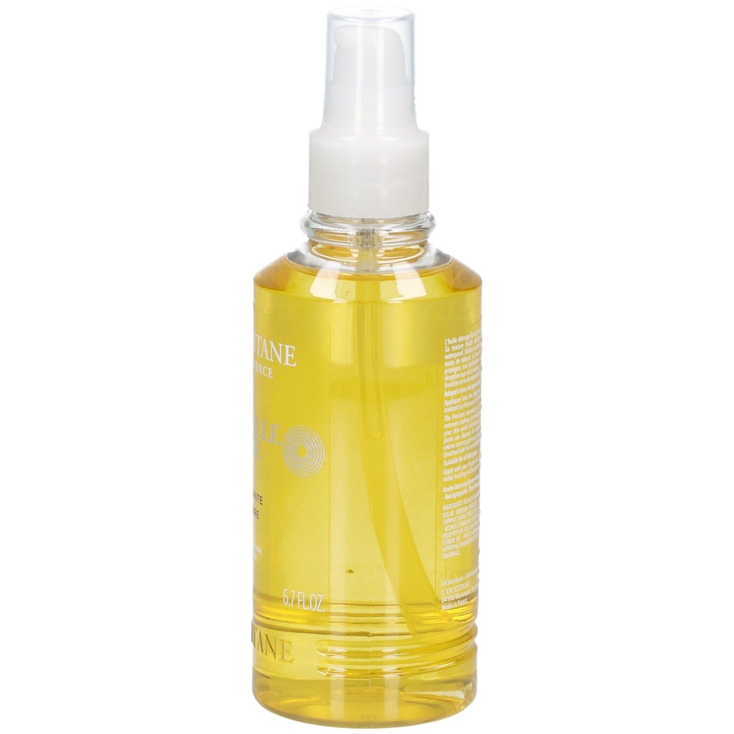 Huile démaquillante L'OCCITANE Immortelle dans un flacon pulvérisateur transparent avec une huile jaune.