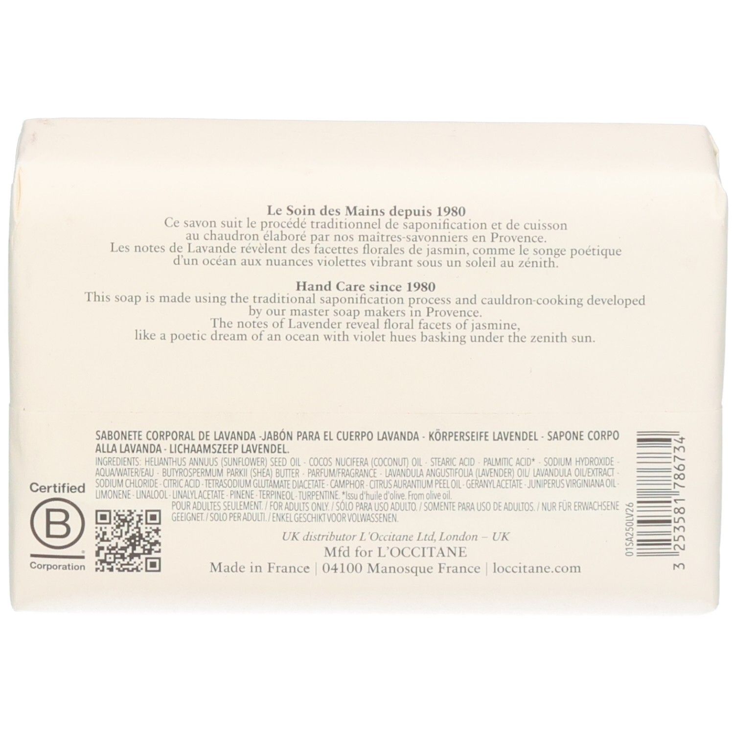 Dos L'Occitane Savon Lavande avec ingrédients et certifications.