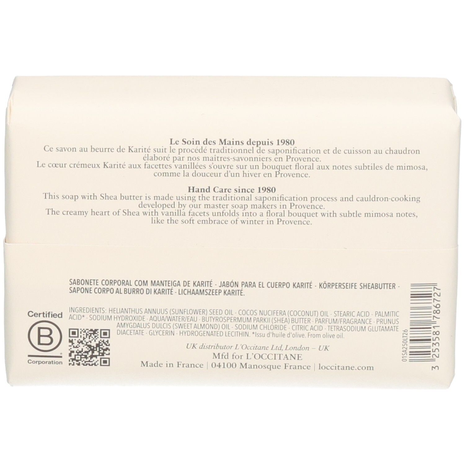 Dos du pain L'OCCITANE Karité Extra-Riche avec informations produit et certification B Corp.
