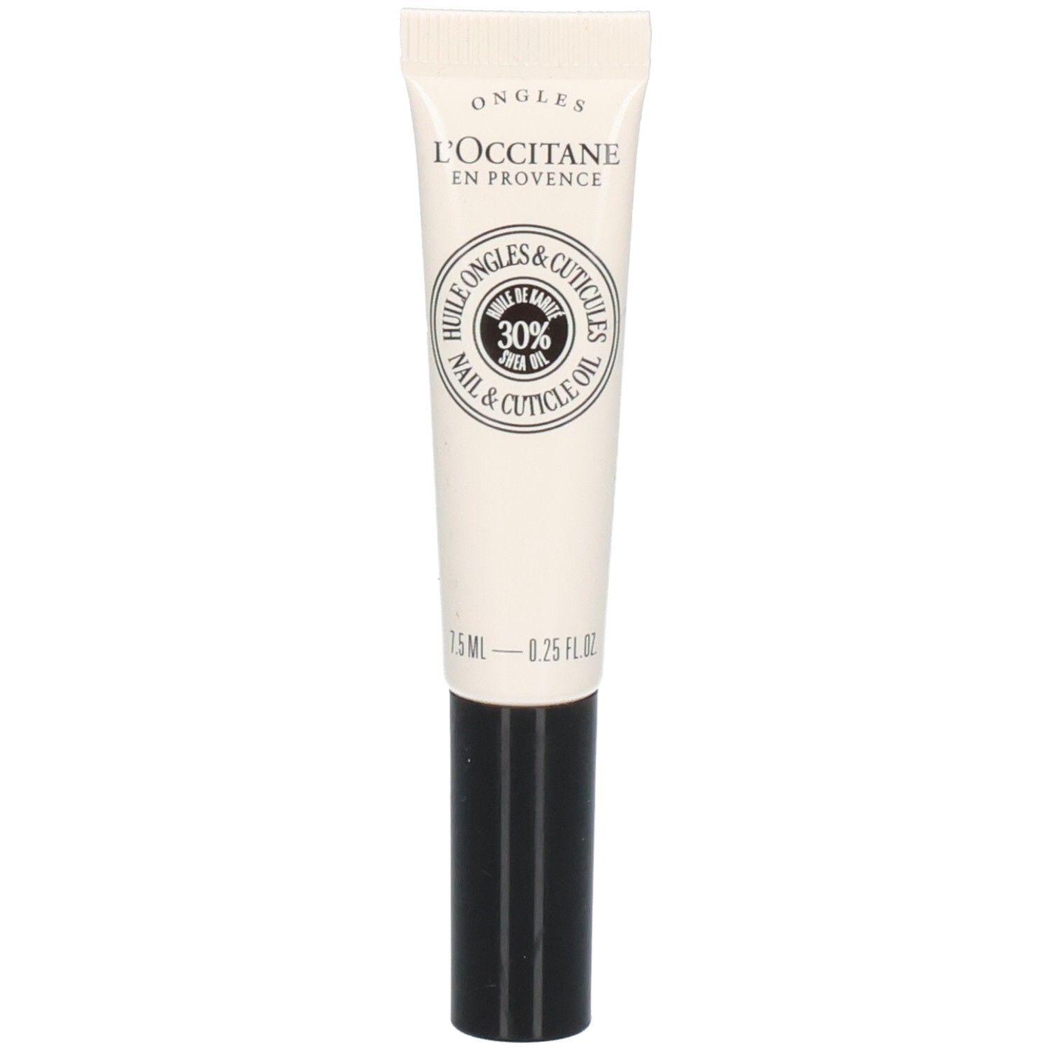 Tube d'huile pour ongles et cuticules L'OCCITANE avec bouchon noir. Contient 30% de beurre de karité.