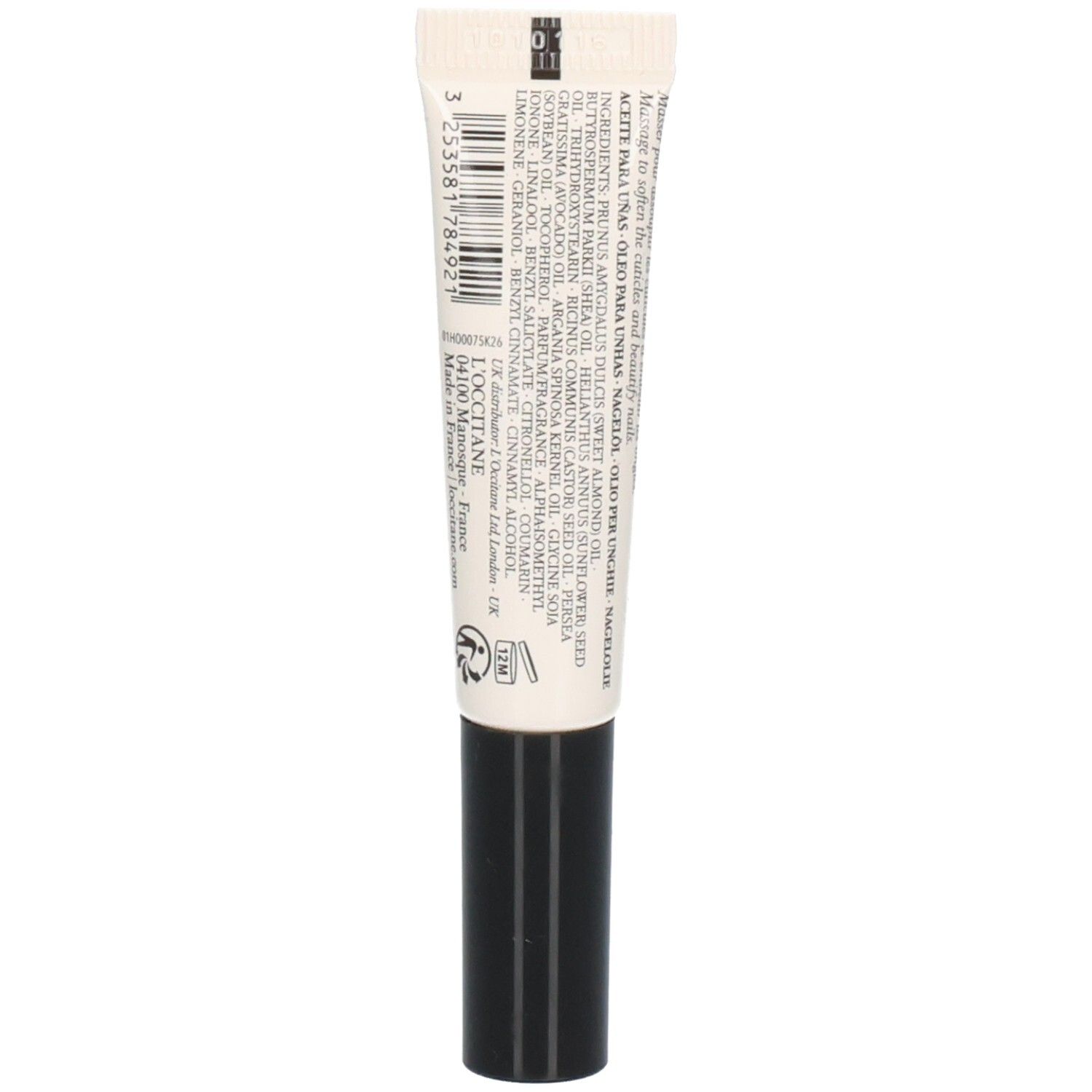 Arrière du tube d'huile pour ongles et cuticules L'OCCITANE avec ingrédients et informations de fabrication.