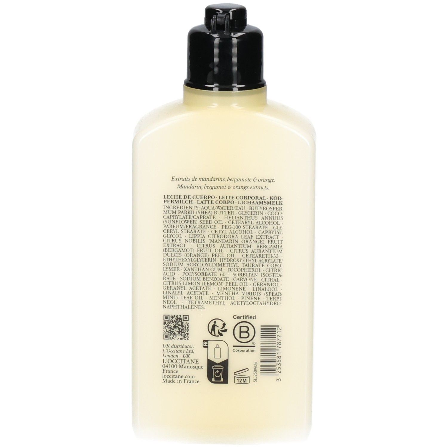 Arrière du lait corps L'Occitane Verveine Agrumes avec ingrédients.