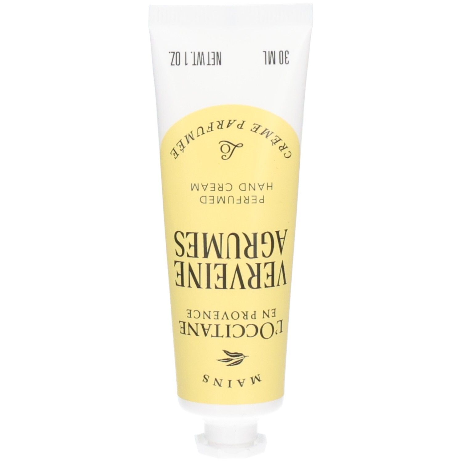 Tube de crème pour les mains L'Occitane, étiquette jaune avec inscription "Verbene Agrumes". 30 ml.