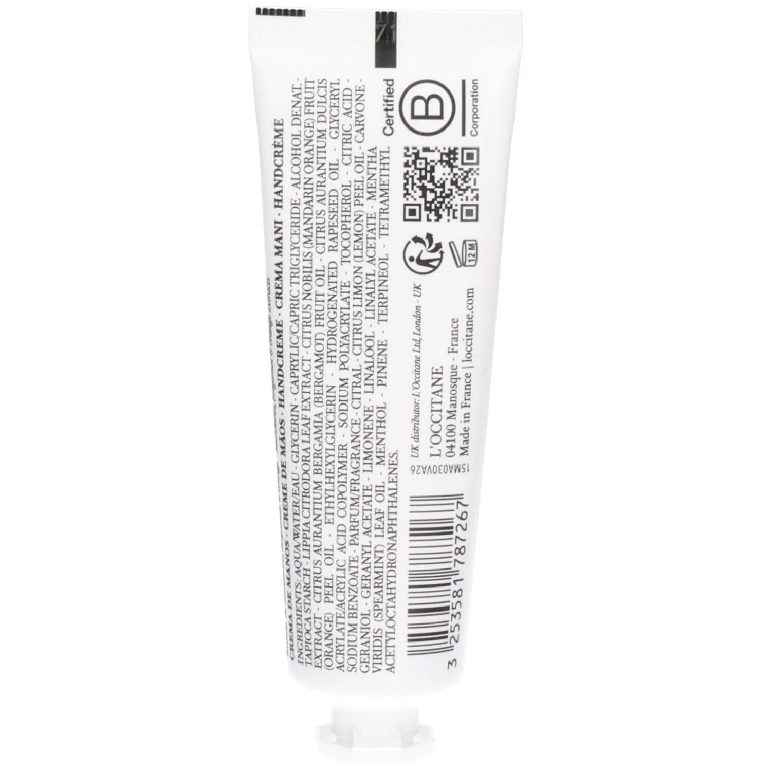 Arrière d'un tube de crème pour les mains L'Occitane avec ingrédients et certifications. 30 ml.