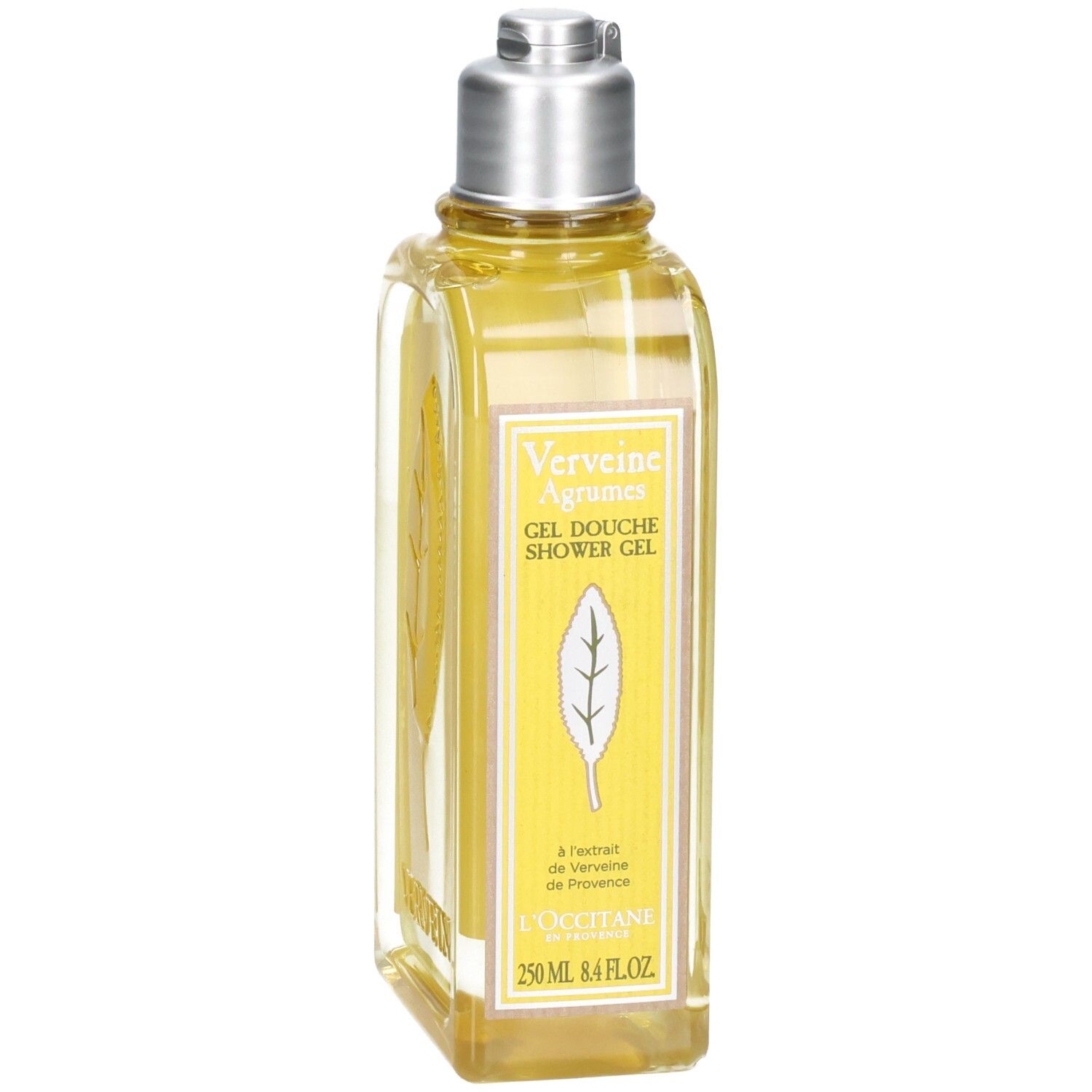 Gel douche L'OCCITANE avec bouchon argenté et liquide jaune. Étiquette avant avec motif feuille et informations produit.