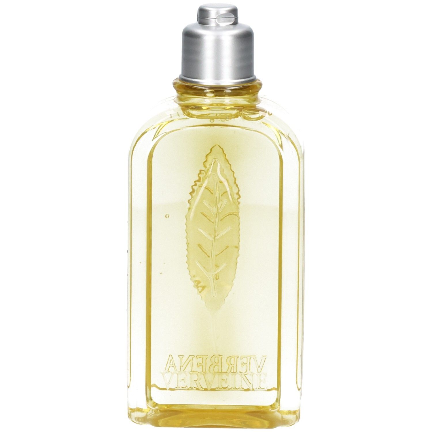 Gel douche L'OCCITANE dans une bouteille rectangulaire avec bouchon argenté. Liquide jaune et motif feuille en relief sur le devant.