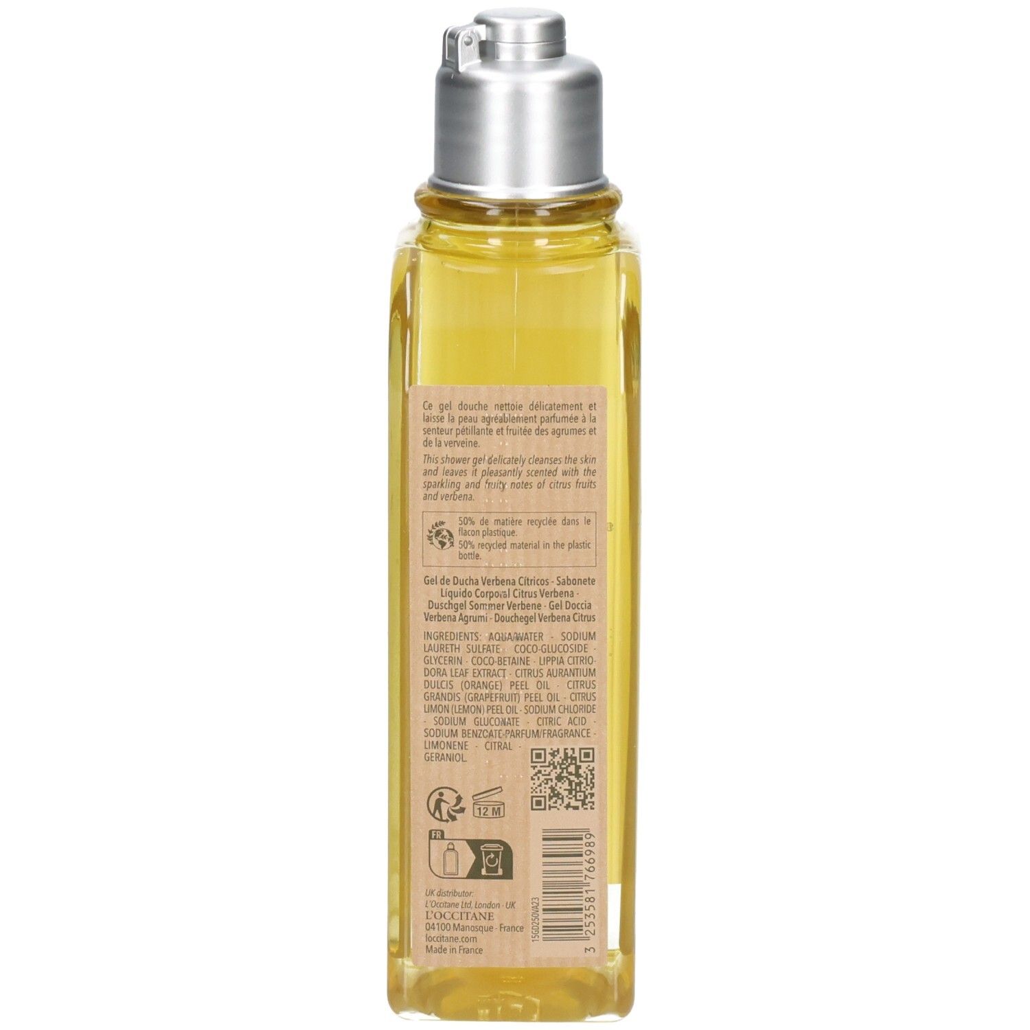Arrière d'une bouteille de gel douche L'OCCITANE avec informations détaillées sur le produit et code QR.