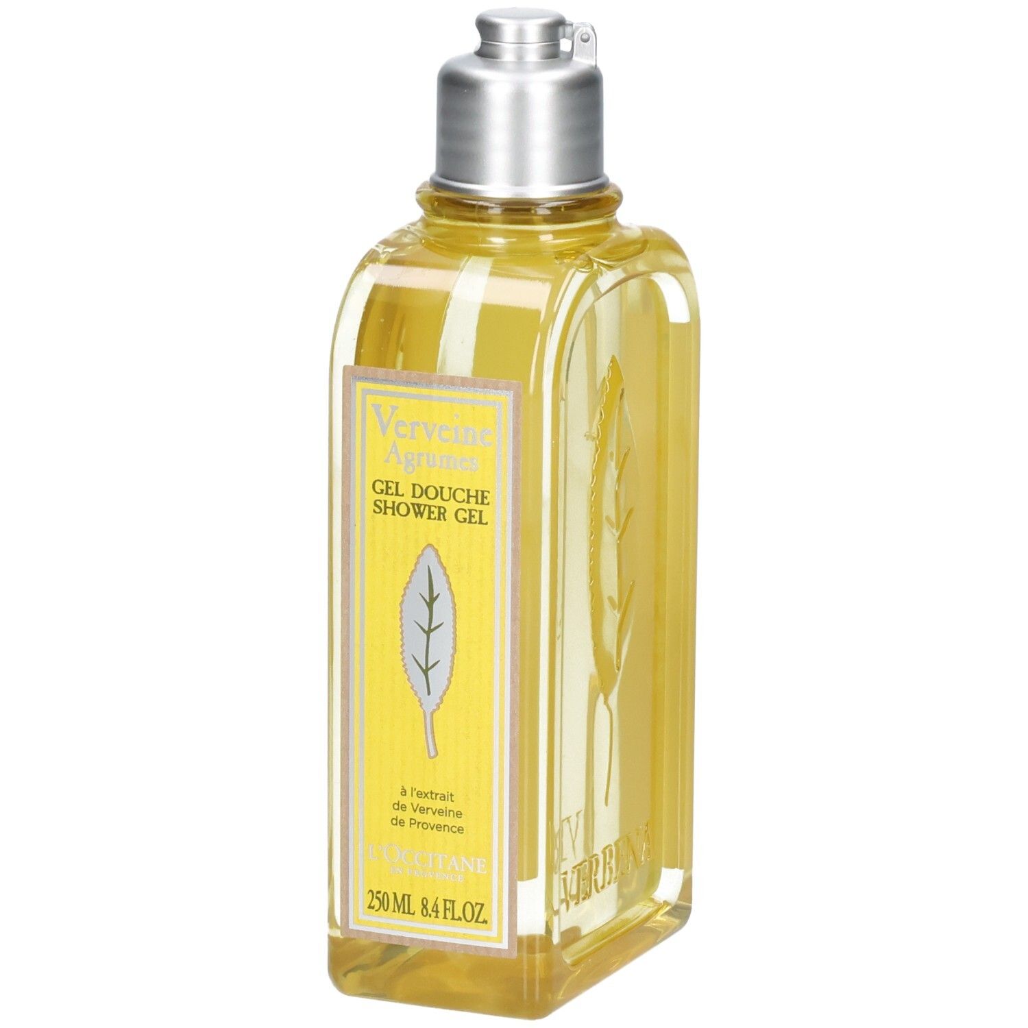 Gel douche L'OCCITANE avec bouchon argenté et liquide jaune. Étiquette avant avec motif feuille et informations produit.