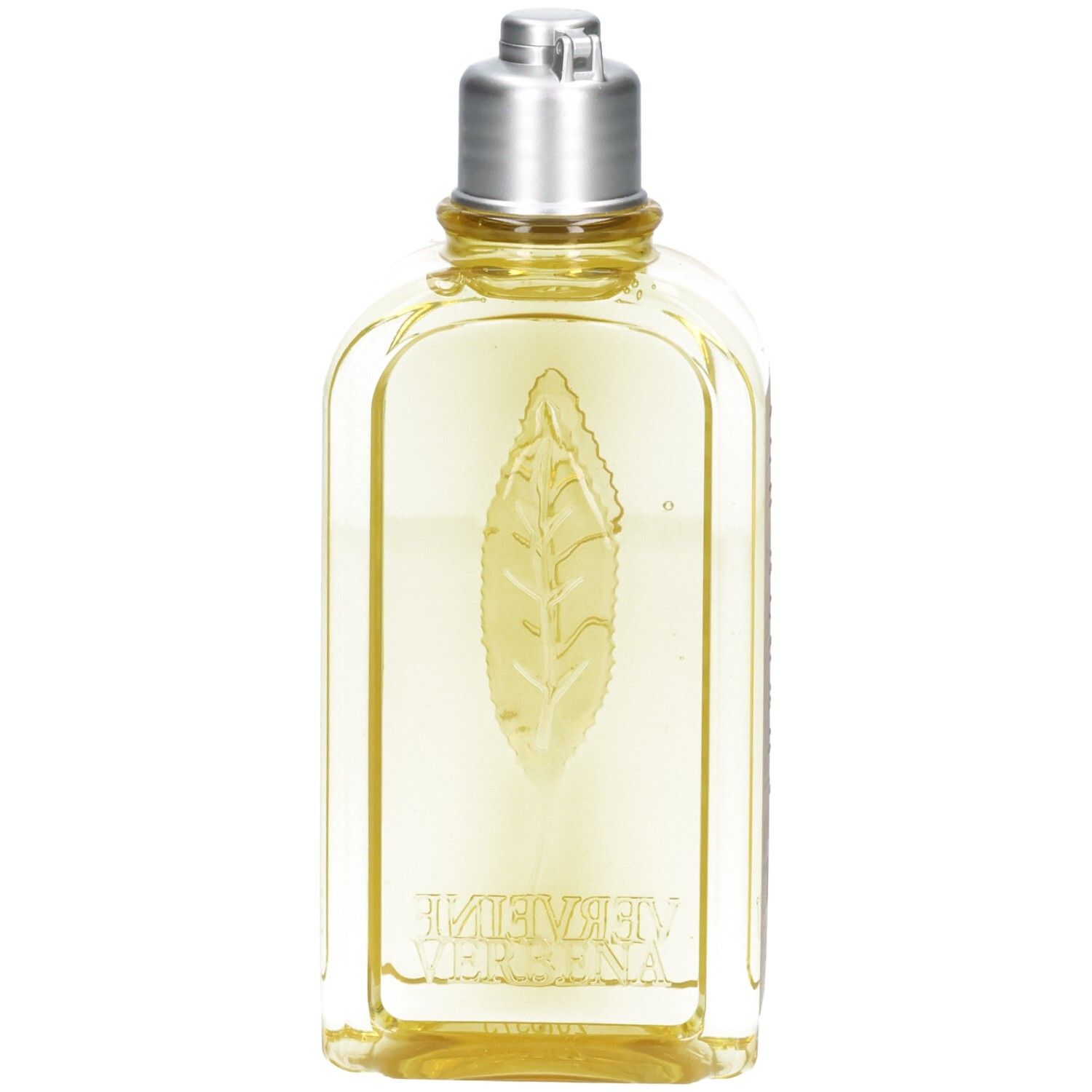 Gel douche L'OCCITANE dans une bouteille rectangulaire avec bouchon argenté. Liquide jaune et motif feuille en relief sur le devant.