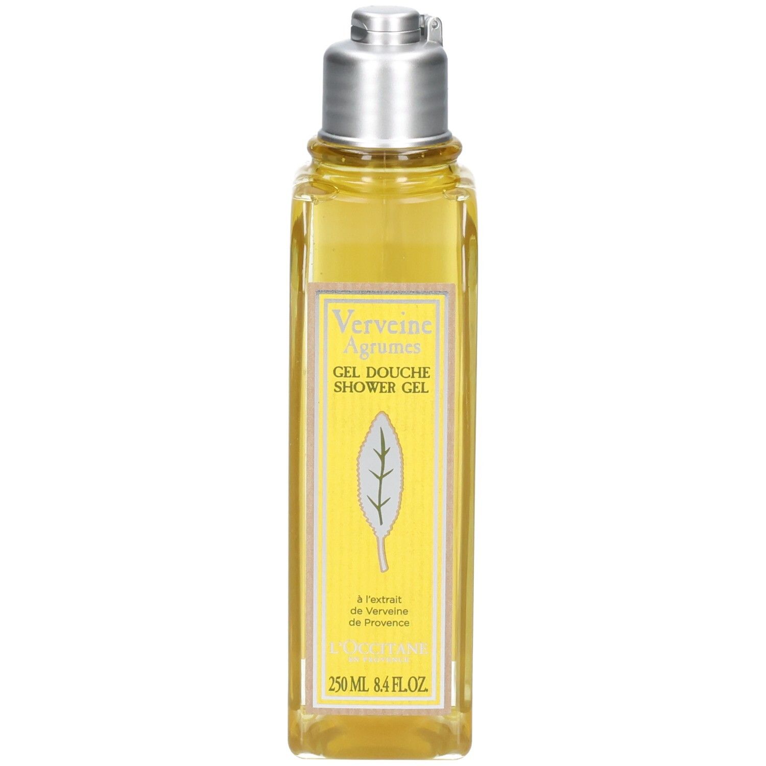 Gel douche L'OCCITANE avec bouchon argenté et liquide jaune. Étiquette avant avec motif feuille et informations produit.