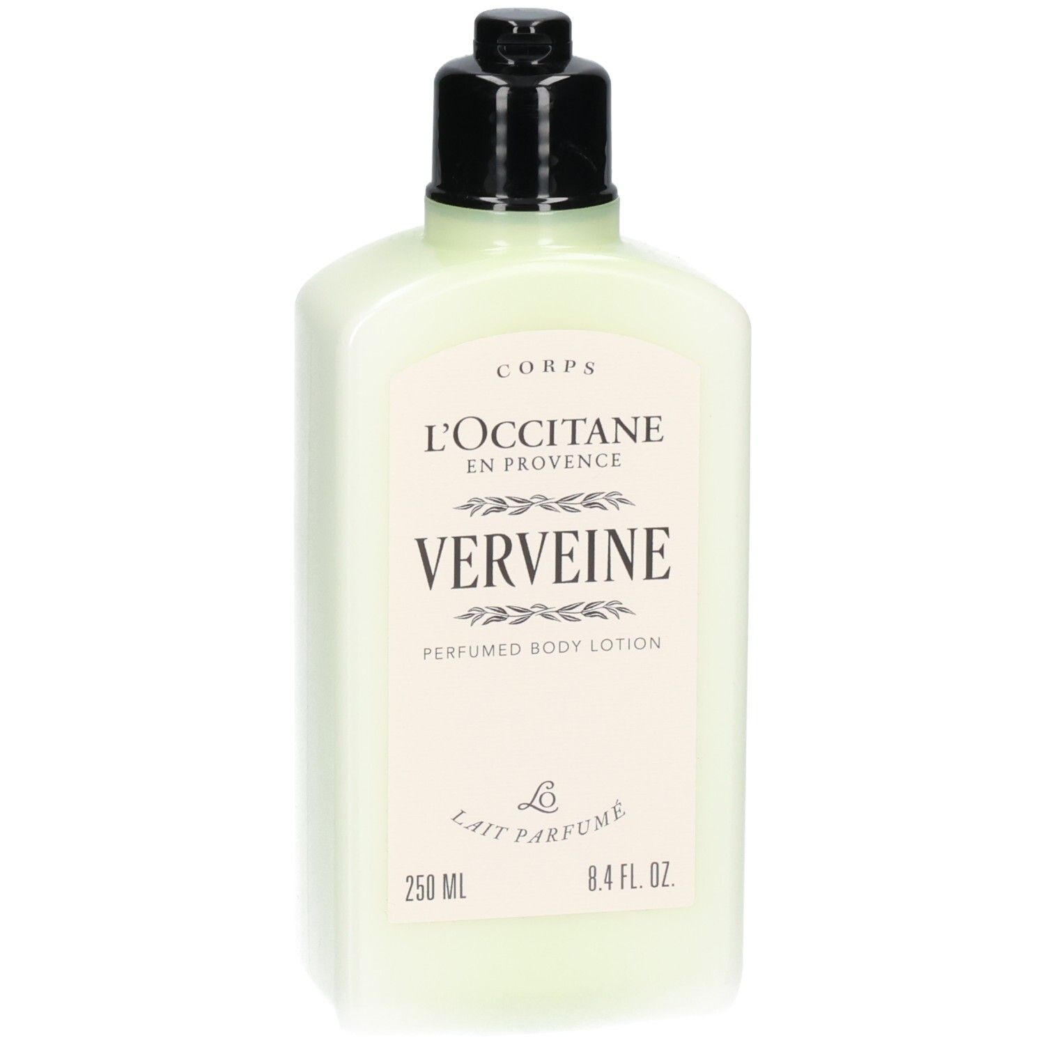 Lait corps Verveine L'Occitane dans un flacon vert pâle avec un distributeur noir.
