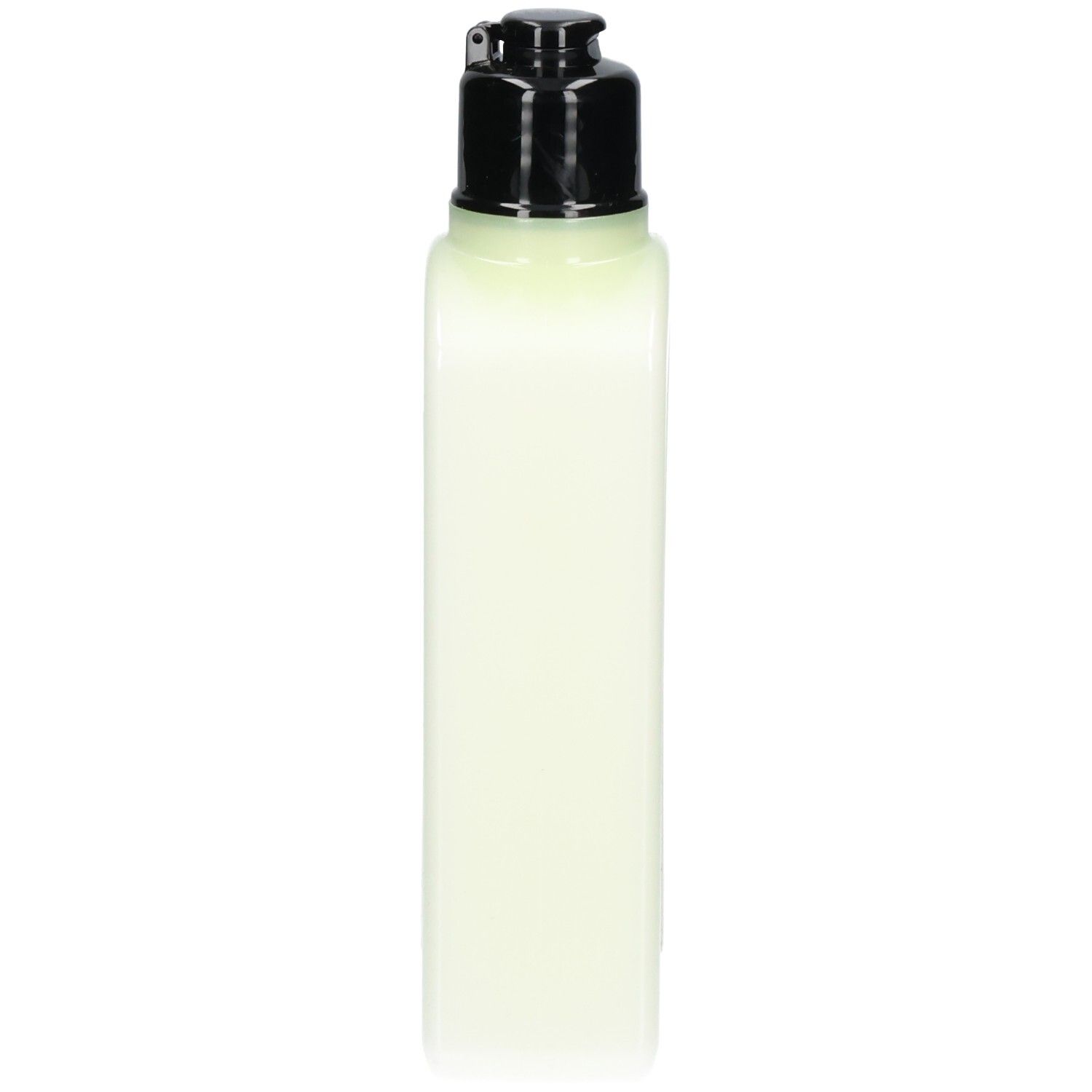 Vue arrière d'un flacon vert pâle avec distributeur noir, Lait corps Verveine L'Occitane.