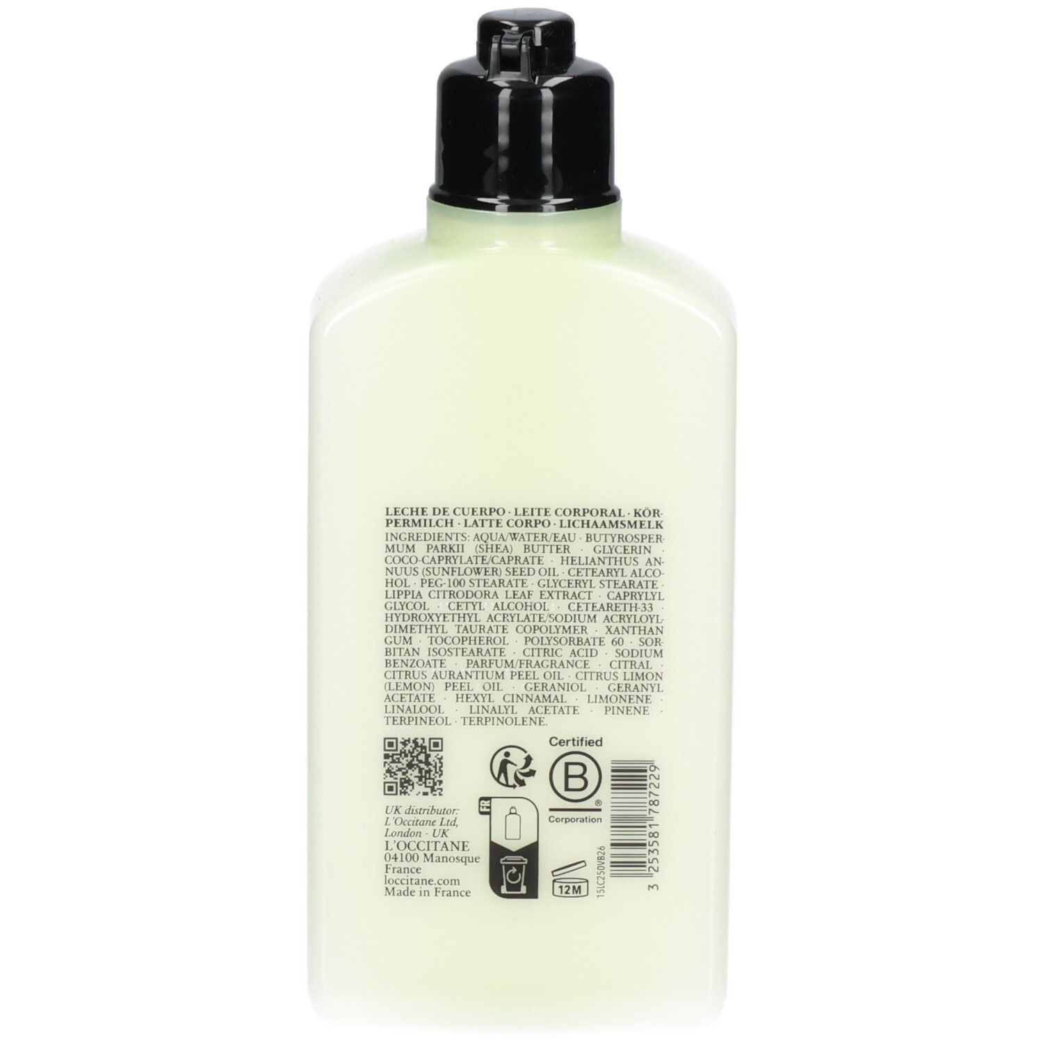 Arrière d'un flacon Lait corps Verveine L'Occitane avec liste d'ingrédients et sceaux.