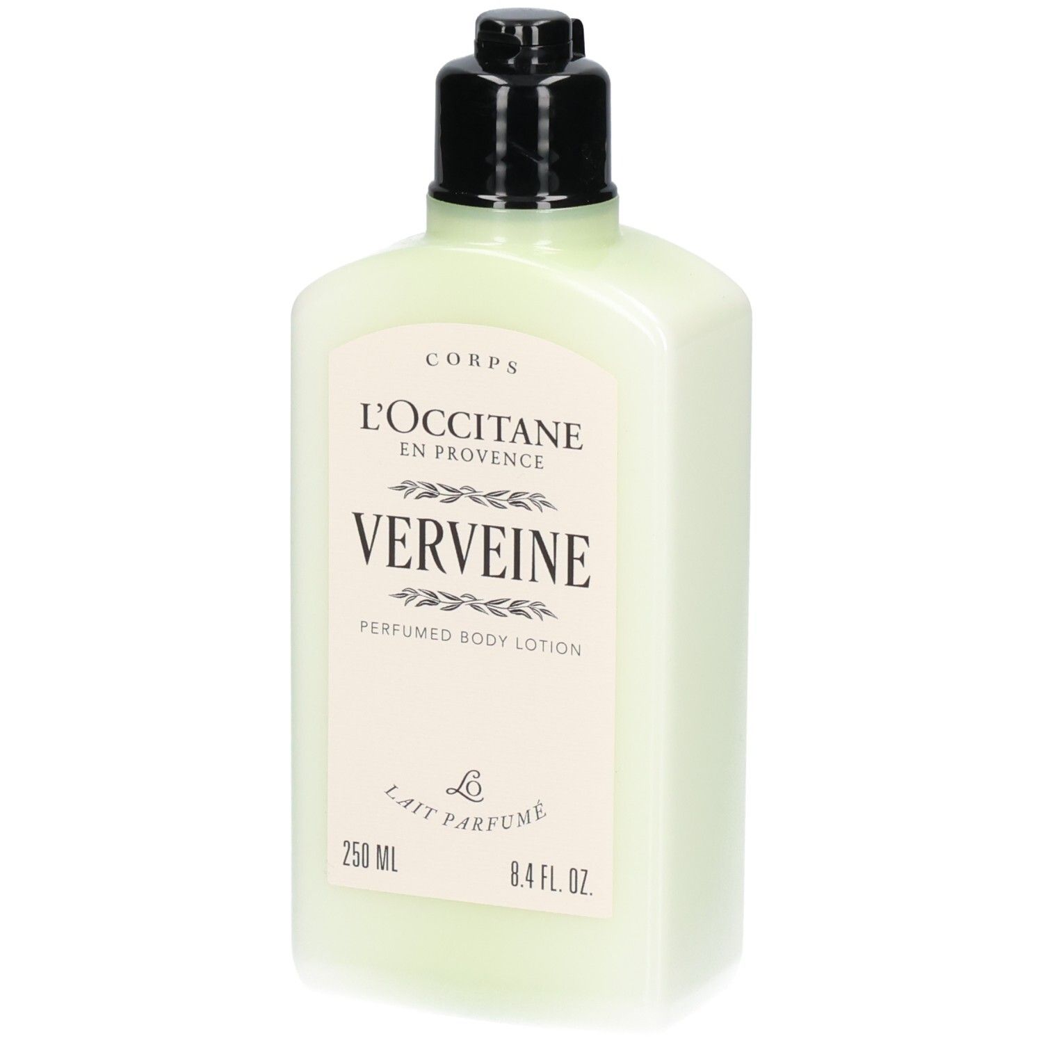 Lait corps Verveine L'Occitane dans un flacon vert pâle avec un distributeur noir.
