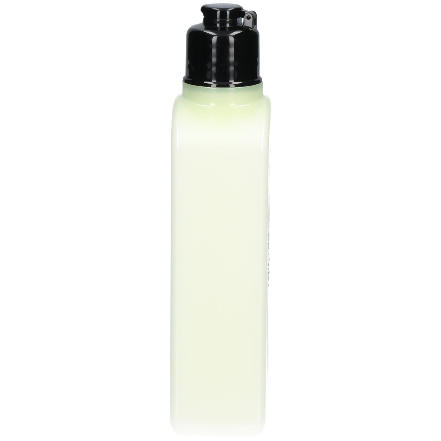 Vue latérale d'un flacon vert pâle avec distributeur noir, Lait corps Verveine L'Occitane.