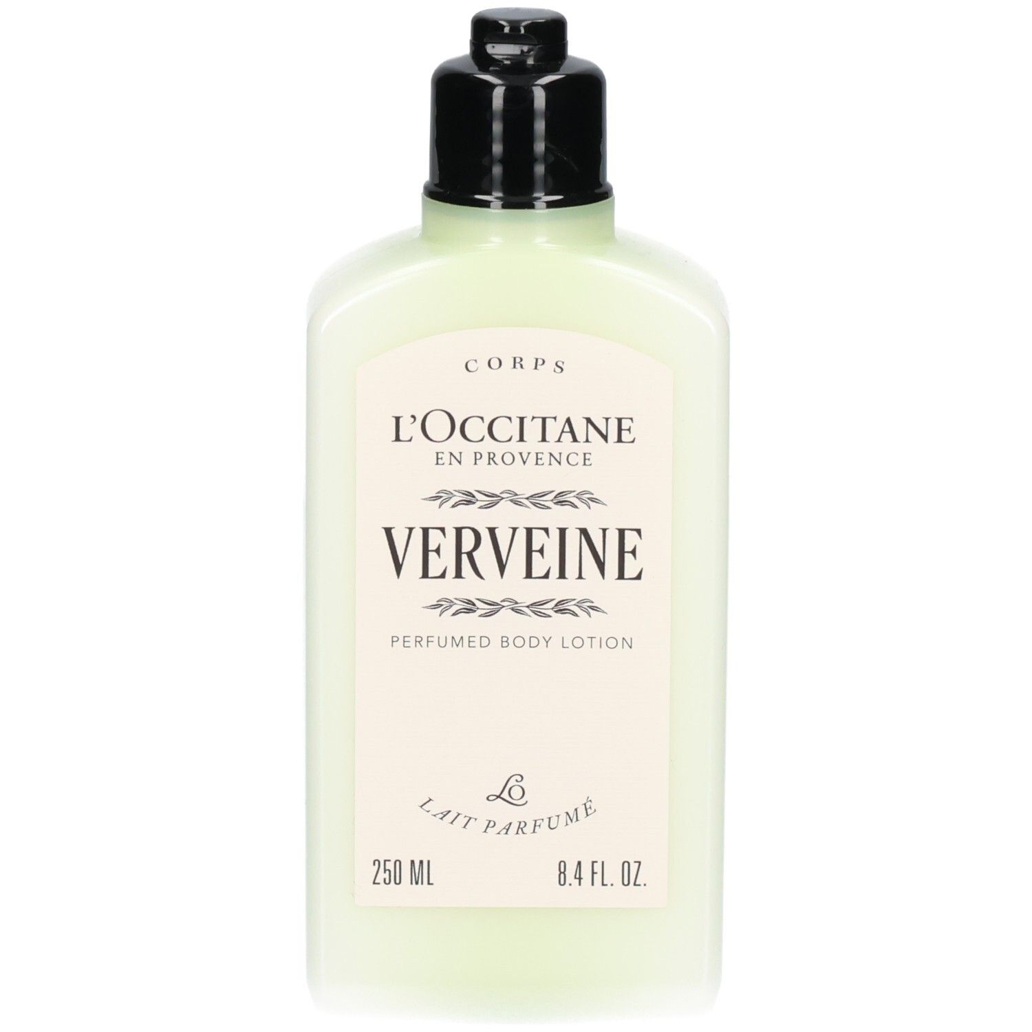 Lait corps Verveine L'Occitane dans un flacon vert pâle avec un distributeur noir.