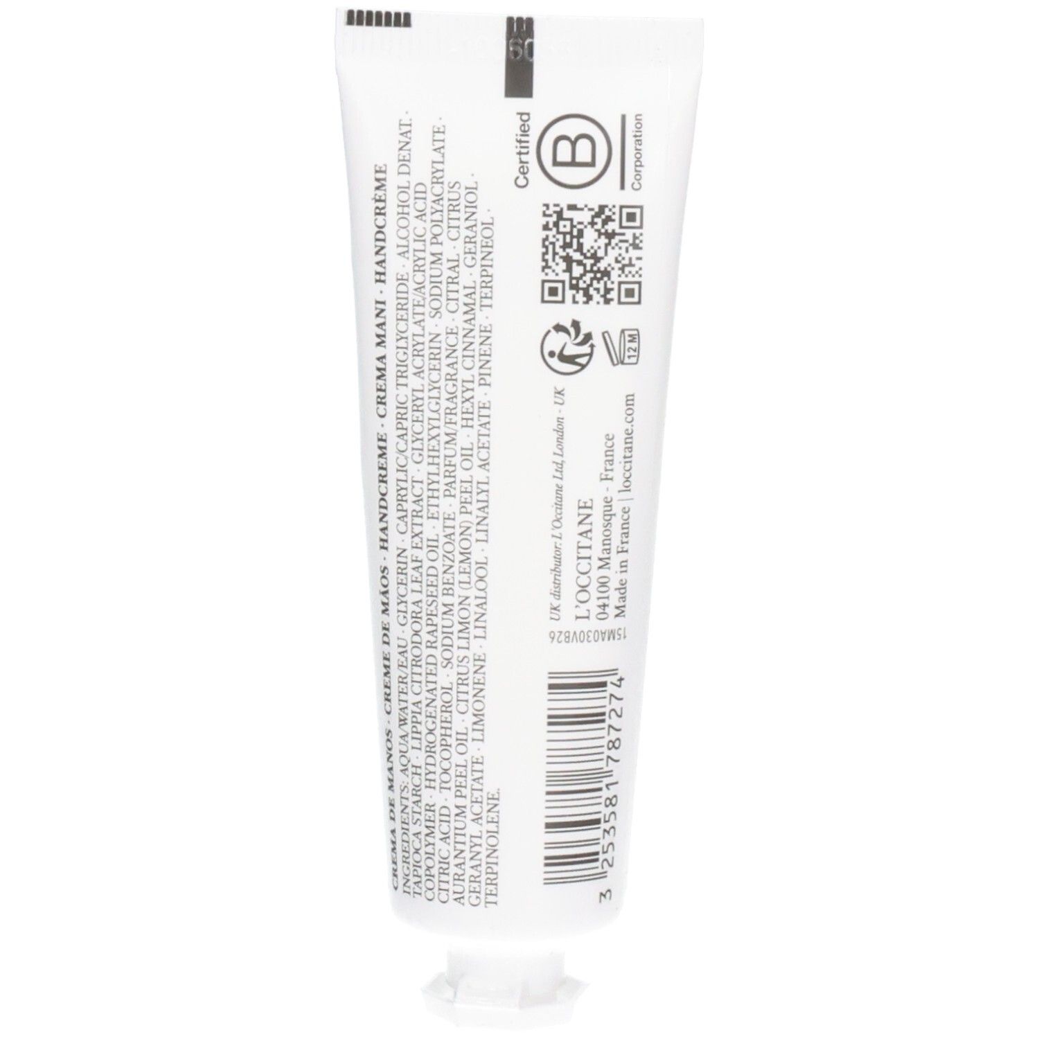 Arrière du tube de crème pour les mains L'OCCITANE Verveine avec liste des ingrédients et certification B Corp.
