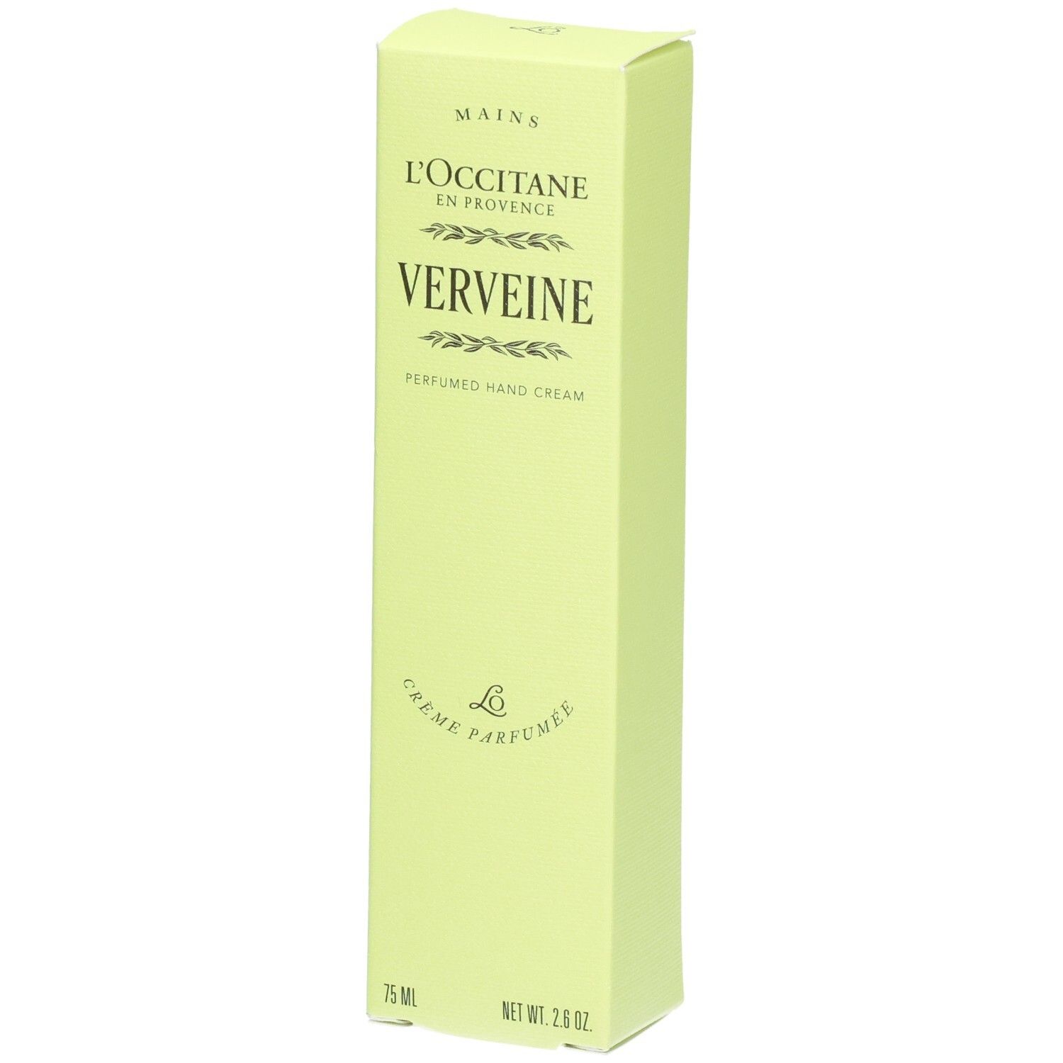 Emballage de crème pour les mains L'Occitane Verveine, vert clair, avec nom du produit et motif de feuille.