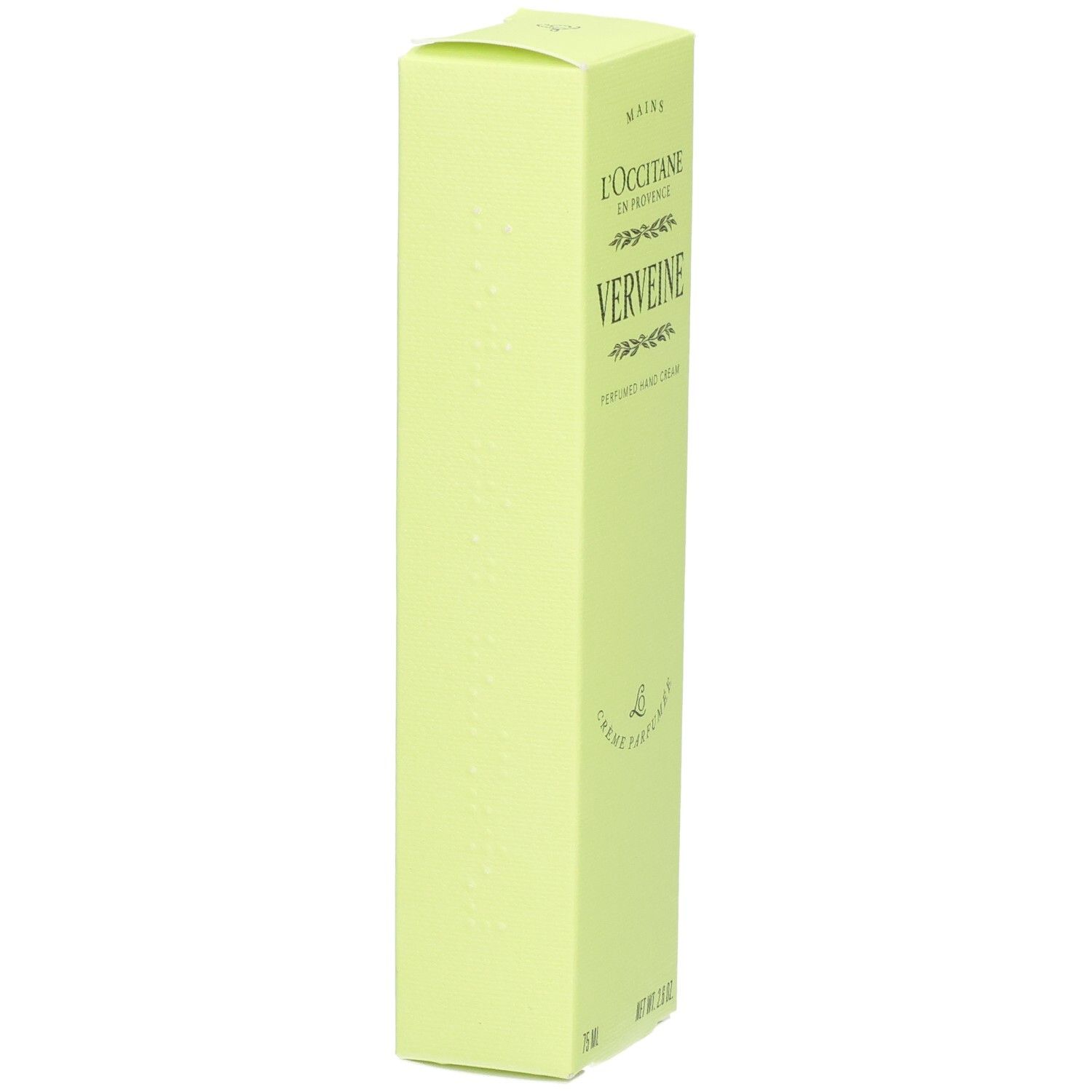 Emballage de crème pour les mains L'Occitane Verveine, vue de côté, vert clair.