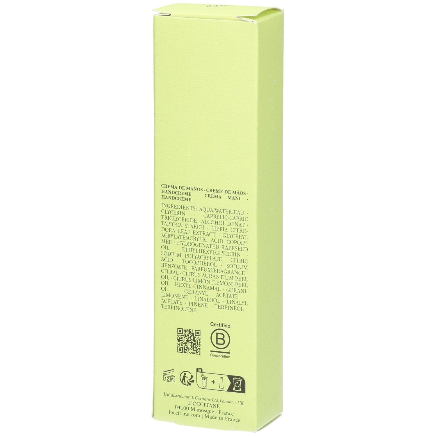 Arrière de l'emballage de crème pour les mains L'Occitane Verveine avec ingrédients et certifications.