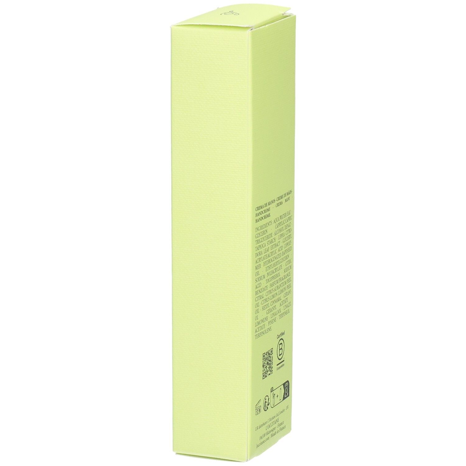 Emballage de crème pour les mains L'Occitane Verveine, vue de côté, vert clair.
