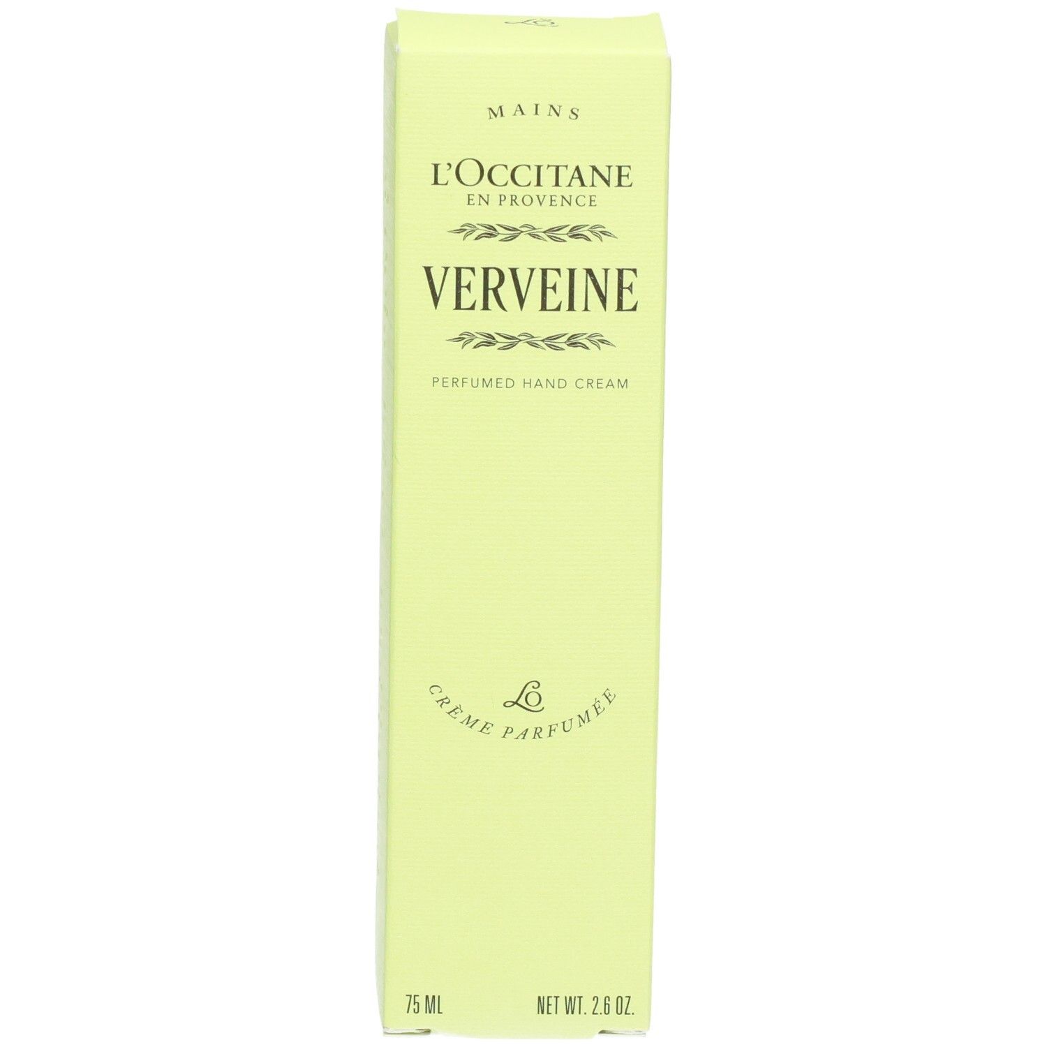 Emballage de crème pour les mains L'Occitane Verveine, vert clair, avec nom du produit et motif de feuille.