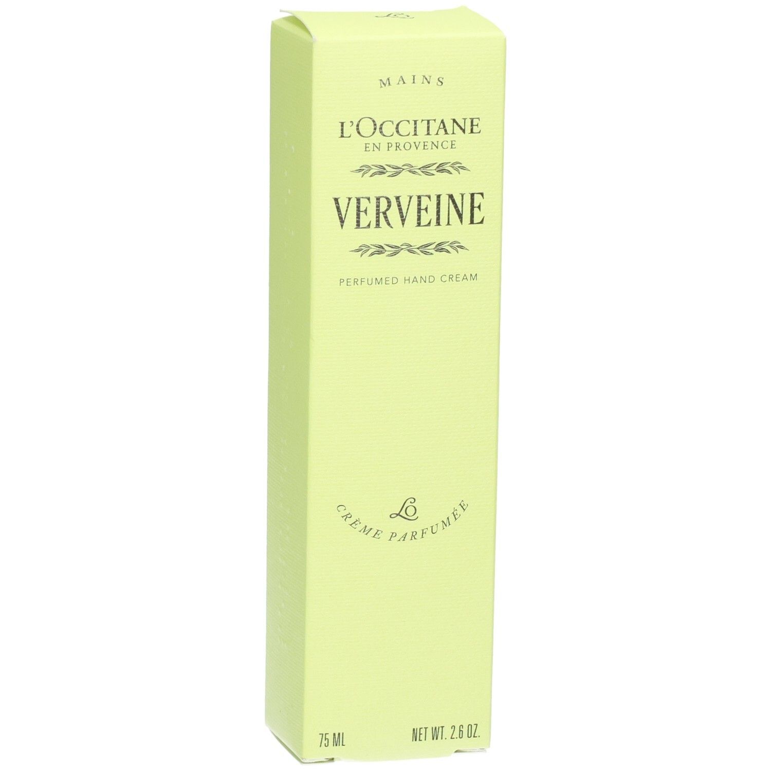Emballage de crème pour les mains L'Occitane Verveine, vert clair, avec nom du produit et motif de feuille.