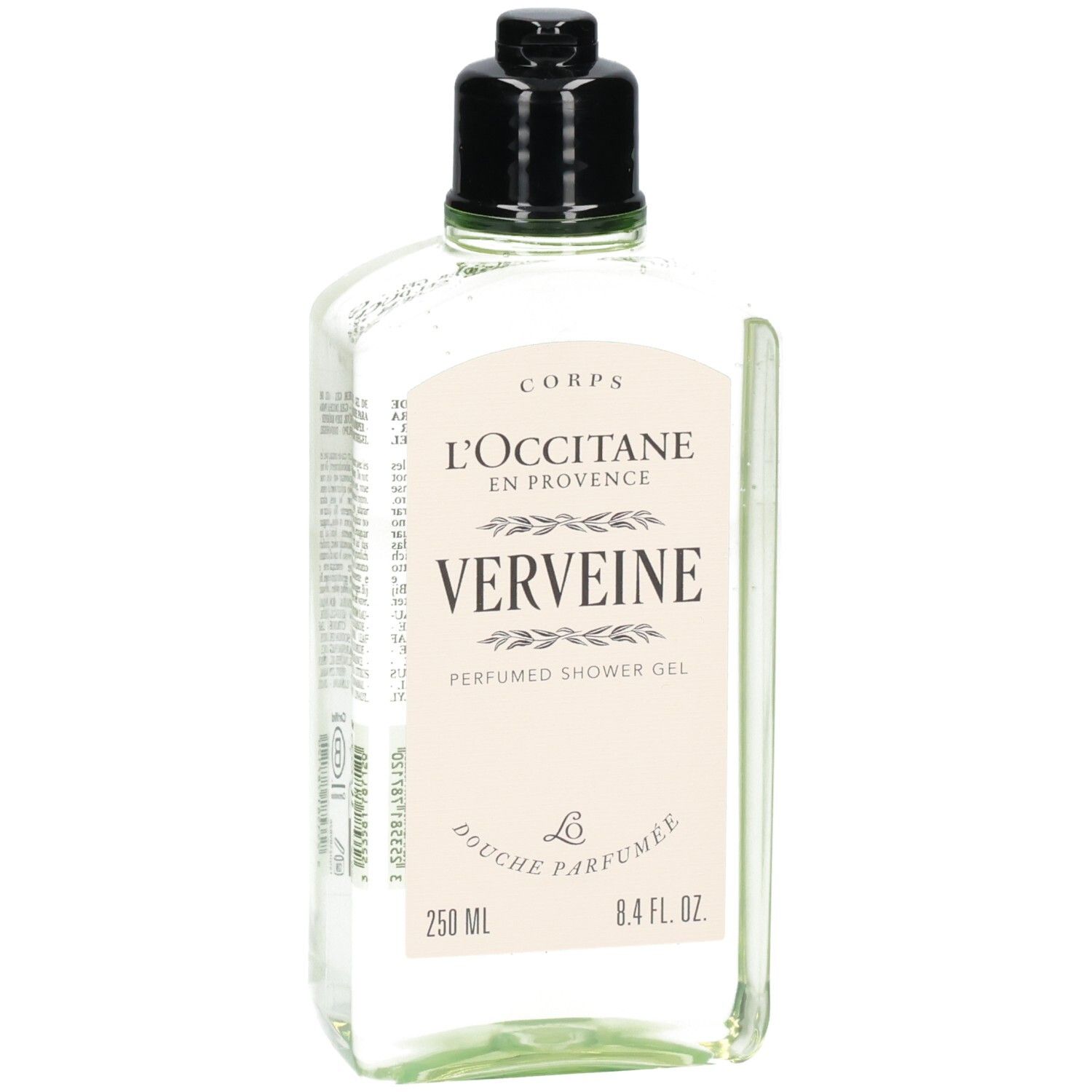 L'Occitane Verveine Gel Douche dans une bouteille transparente avec bouchon noir. 250 ml.