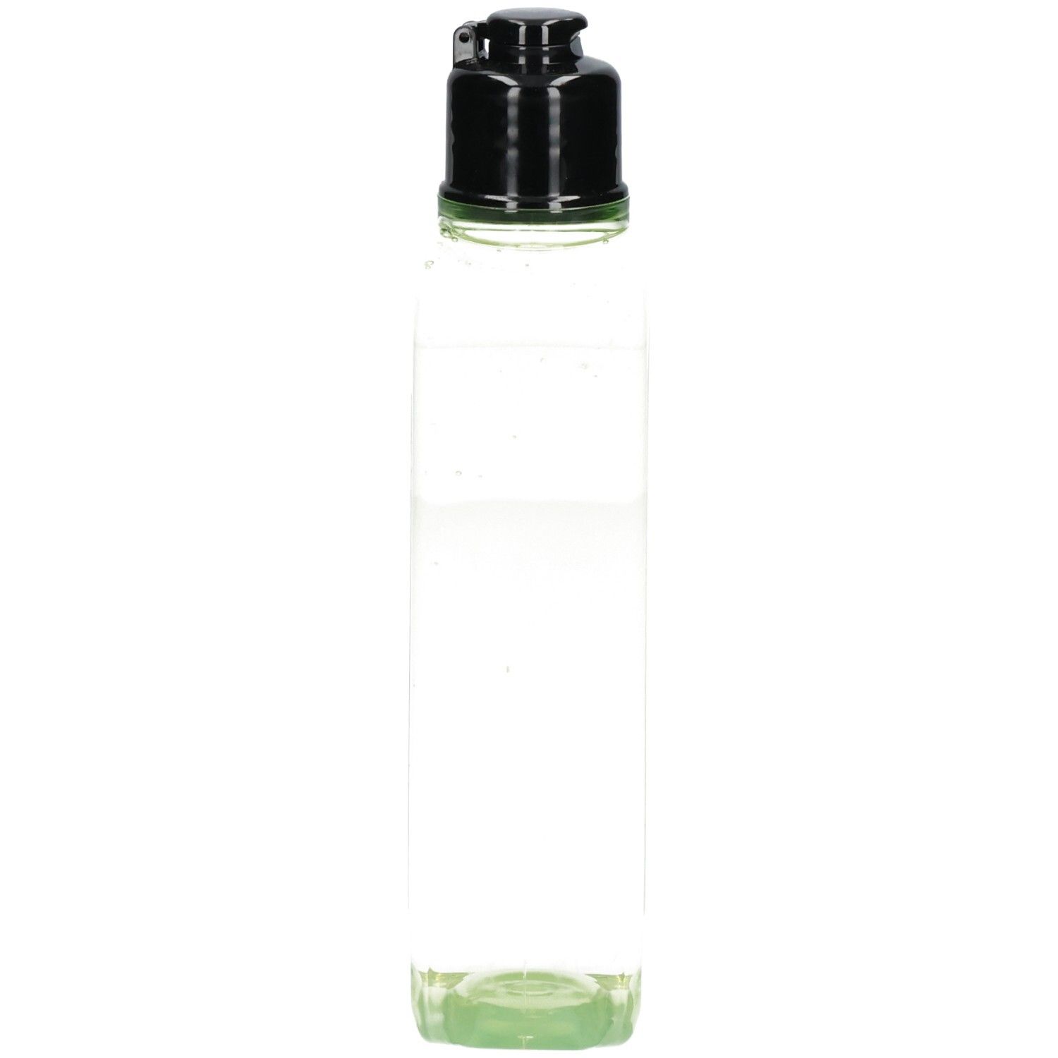 Bouteille transparente de L'Occitane Verveine Gel Douche avec bouchon noir, vue de côté.