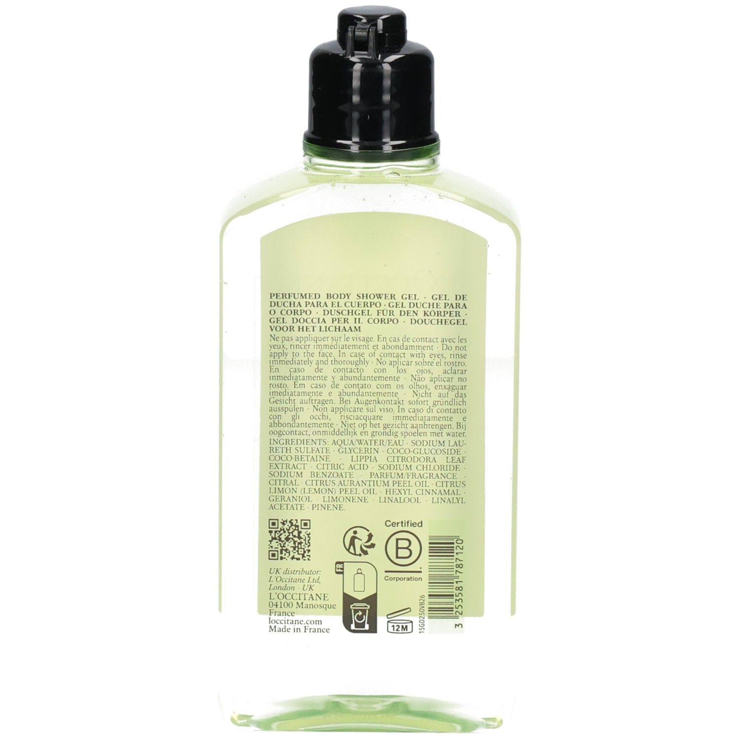 Arrière d'une bouteille L'Occitane Verveine Gel Douche avec ingrédients et certifications.