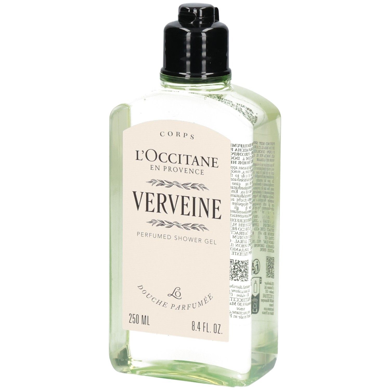 L'Occitane Verveine Gel Douche dans une bouteille transparente avec bouchon noir. Vue de face.