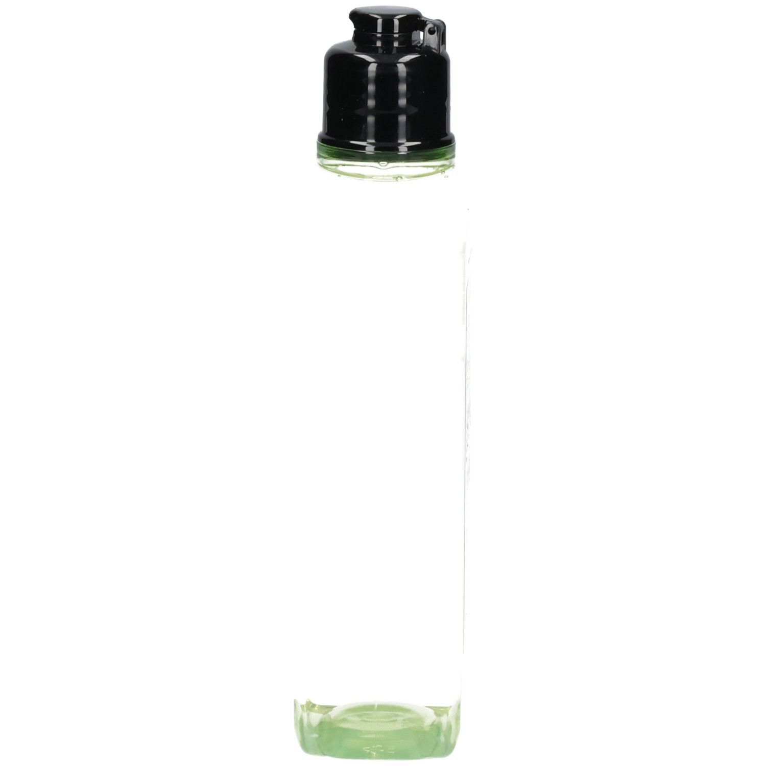 Bouteille transparente de L'Occitane Verveine Gel Douche avec bouchon noir, vue de côté.