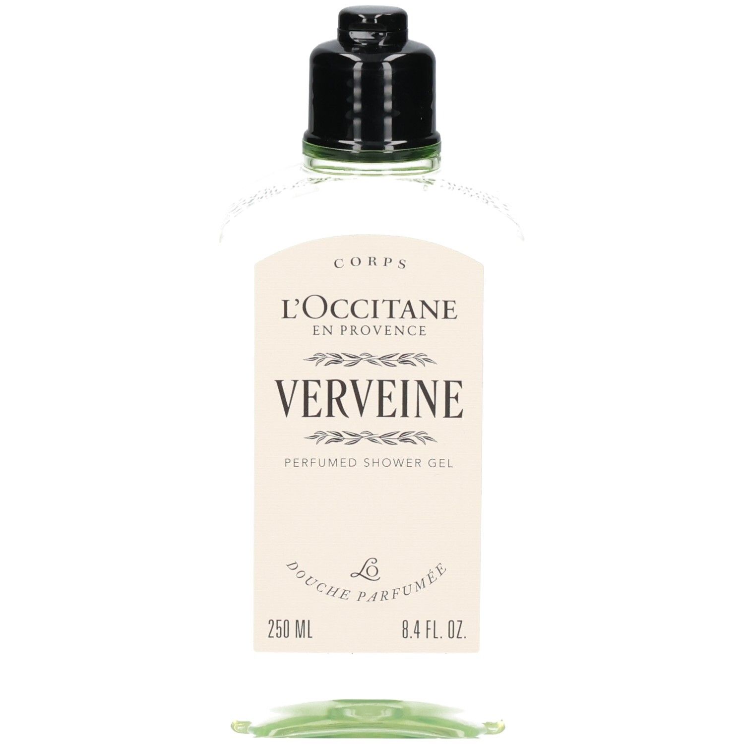 L'Occitane Verveine Gel Douche dans une bouteille transparente avec bouchon noir. Vue de face.