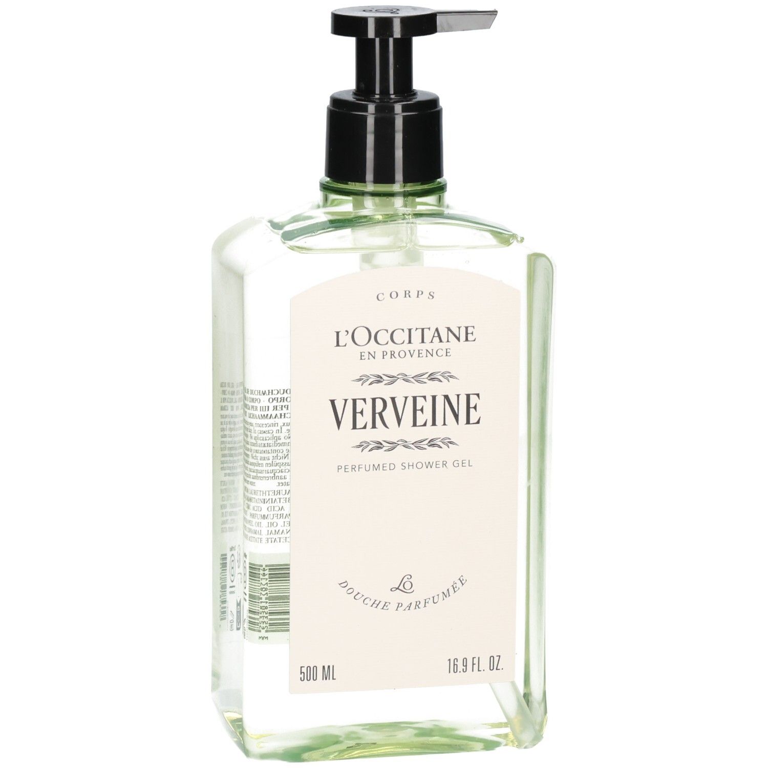 Gel douche L'Occitane Verveine en flacon transparent avec pompe noire, 500 ml.