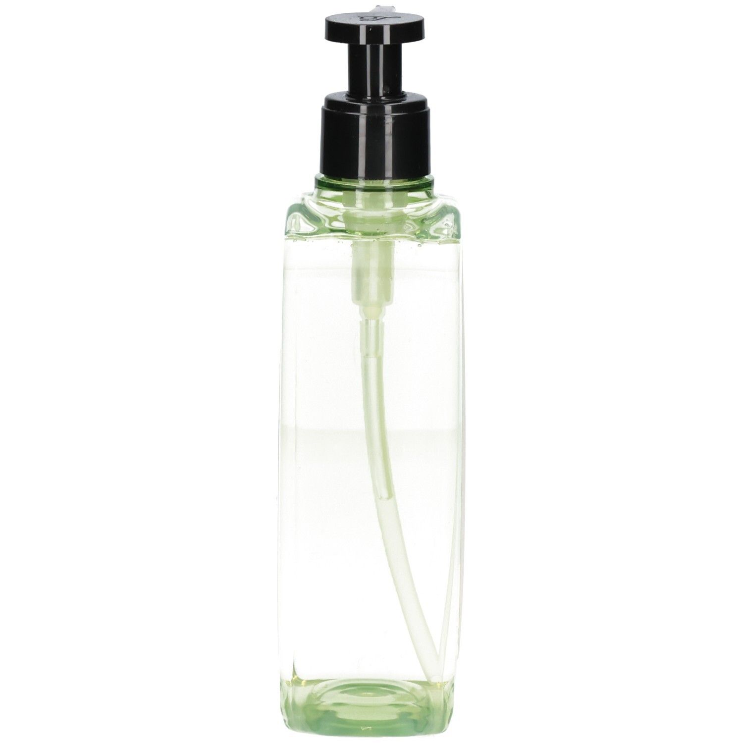 Bouteille rectangulaire transparente avec pompe noire et tube transparent.