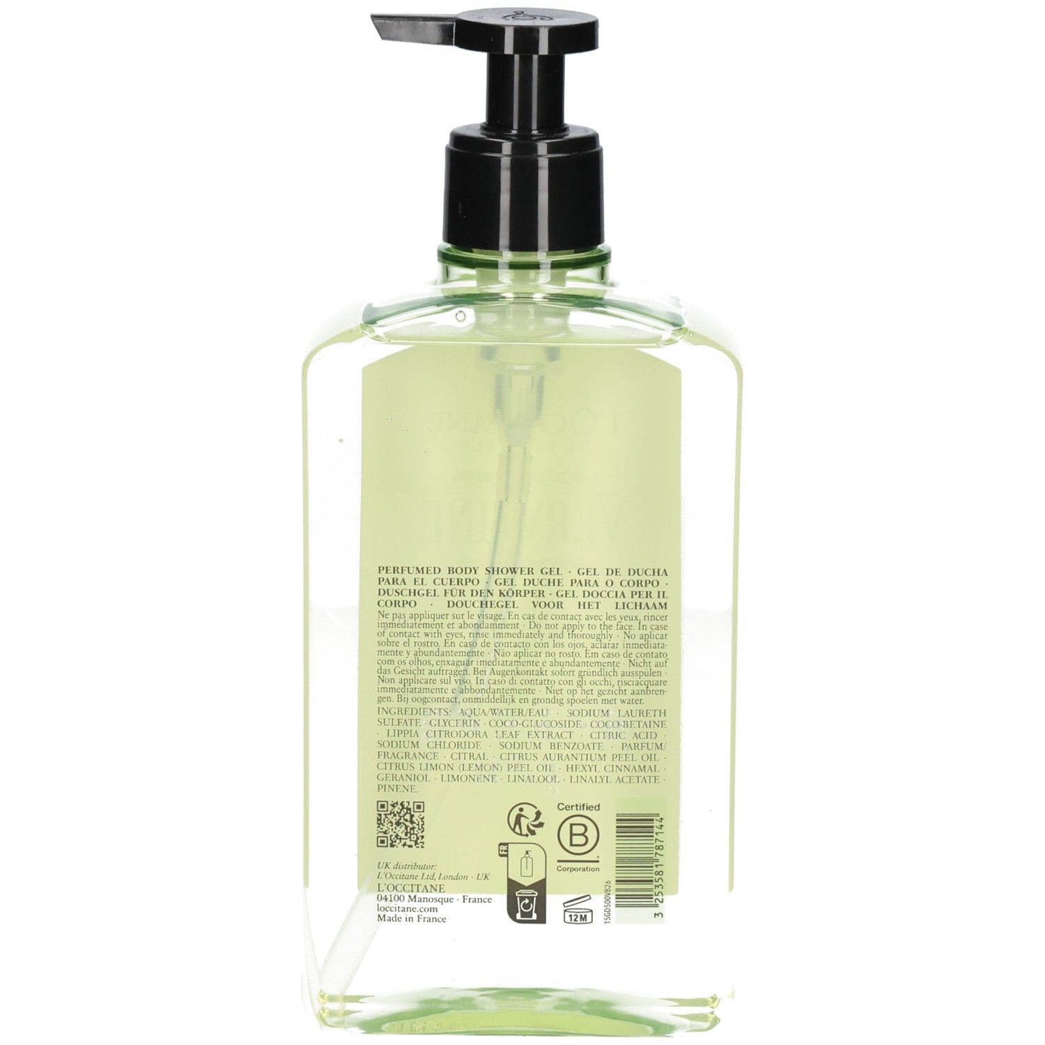 Bouteille transparente avec gel douche vert et pompe noire. Contient du texte et un symbole de certification B.