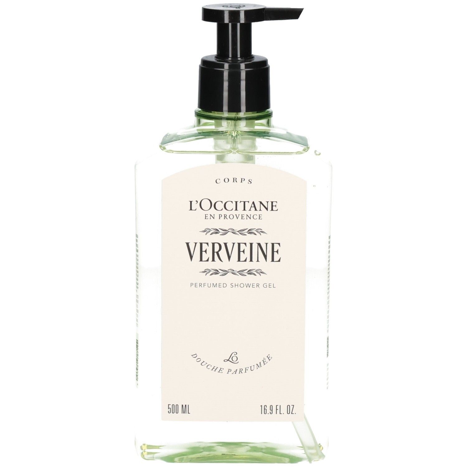 Gel douche L'Occitane Verveine dans une bouteille transparente avec pompe noire, 500 ml.