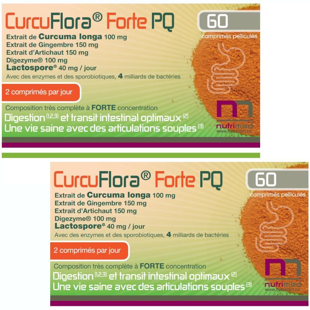 Deux boîtes de CurcuFlora® Forte PQ. Inscription: 60 comprimés. Ingrédients et logo Nutrimed. Design vert, blanc et orange.