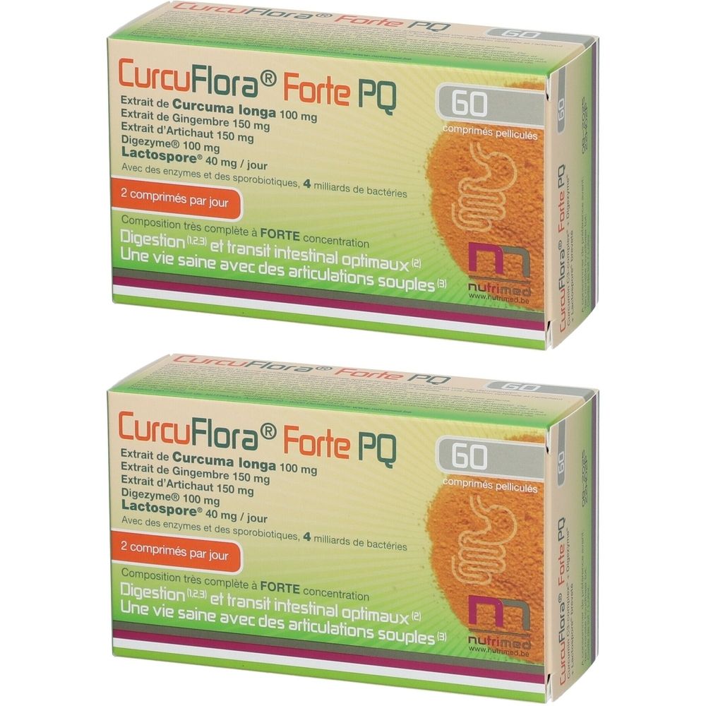 Deux boîtes de CurcuFlora® Forte PQ. Inscription: 60 comprimés. Ingrédients et logo Nutrimed. Design vert, blanc et orange.