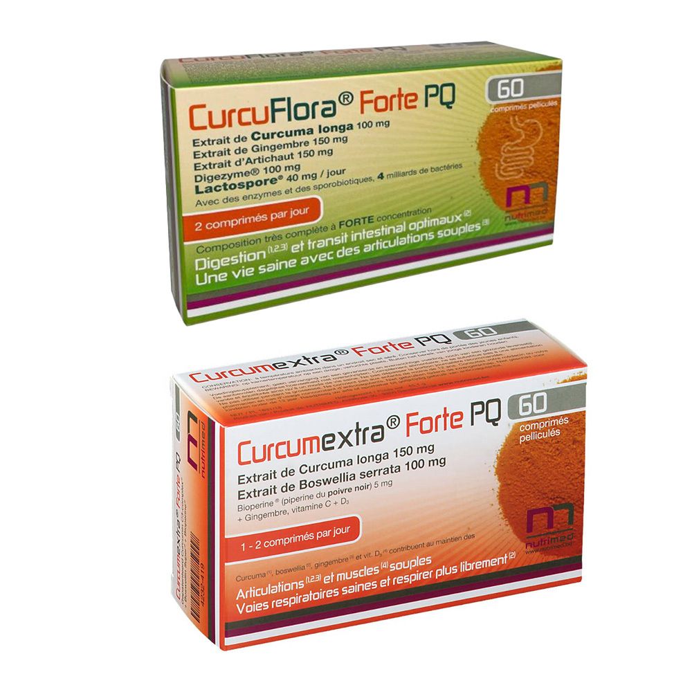 Deux boîtes de comprimés. En haut: CurcuFlora® Forte PQ. En bas: Curcumextra® Forte PQ. Les deux avec 60 comprimés. Texte en français et allemand.