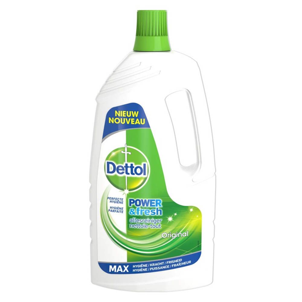 Flacon de nettoyant blanc avec bouchon et poignée verts. Inscription : Dettol Power & Fresh, Original.