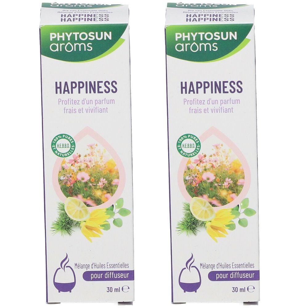 Deux boîtes rectangulaires PHYTOSUN Aroms Happiness. Inscriptions: Happiness, 100% herbes pures et naturelles, fleurs, citron, 30 ml.
