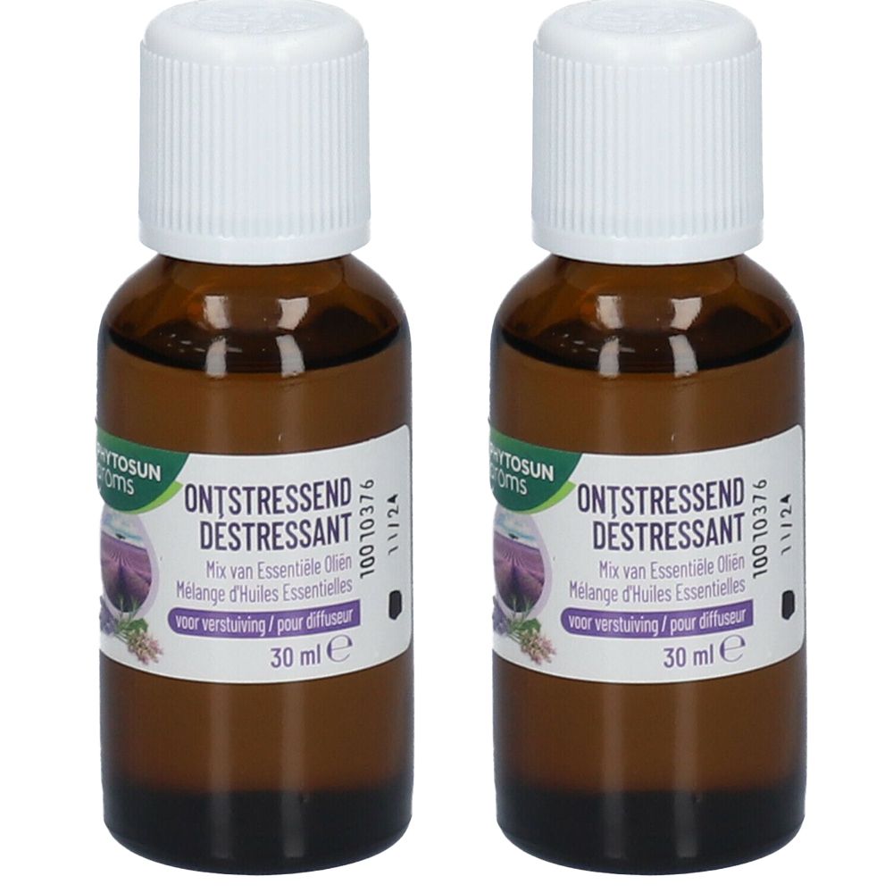 Deux flacons en verre brun avec bouchon blanc. Étiquettes avec texte: ONTSTRESSEND DESTRESSANT, 30 ml.