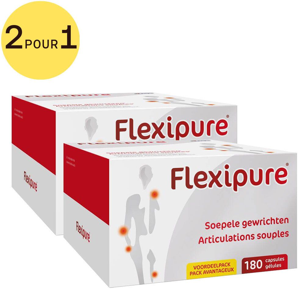 Deux boîtes Flexipure. Texte: 2 pour 1. Emballage rouge et blanc. Texte: Soepele gewrichten, Articulations souples. 180 capsules.