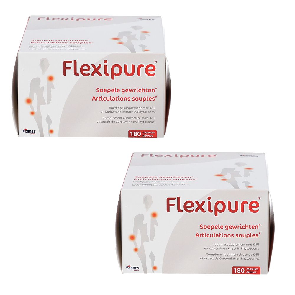Deux boîtes blanches Flexipure. Texte: Soepele gewrichten, Articulations souples. 180 capsules. Illustration corps humain.