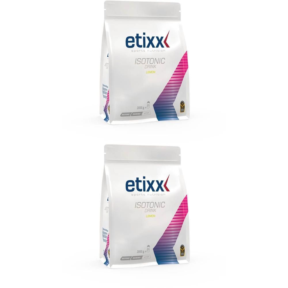 Deux sachets Etixx Isotonic Drink Citron. Emballage blanc avec logo et nom du produit. Éléments de design roses et bleus.