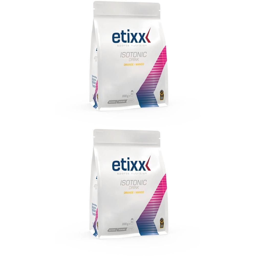 Deux sachets blancs Etixx Isotonic Drink Orange-Mango de 2000g. Autocollant "1+1" en haut à gauche.