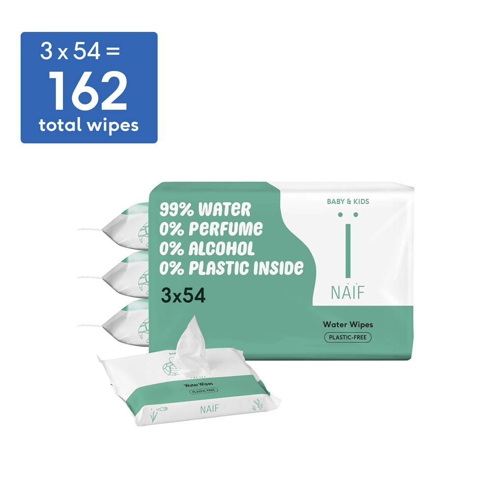 Deux paquets de lingettes NAÏF, 99% eau, 0% plastique, 3x54 pièces.